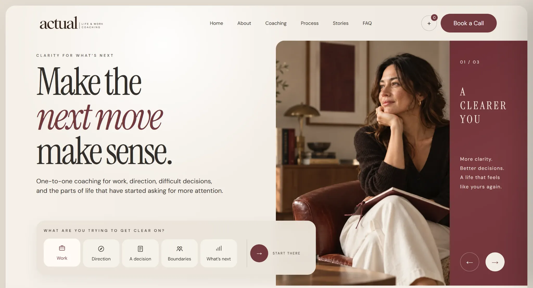 ACTUAL life coaching website concept with a warm cream and burgundy design